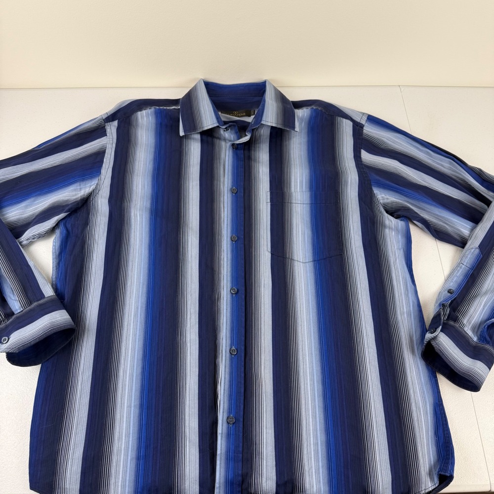 Bugatchi Uomo Mens Blue Striped Long Sleeve Button Down Cotton Shirt Large